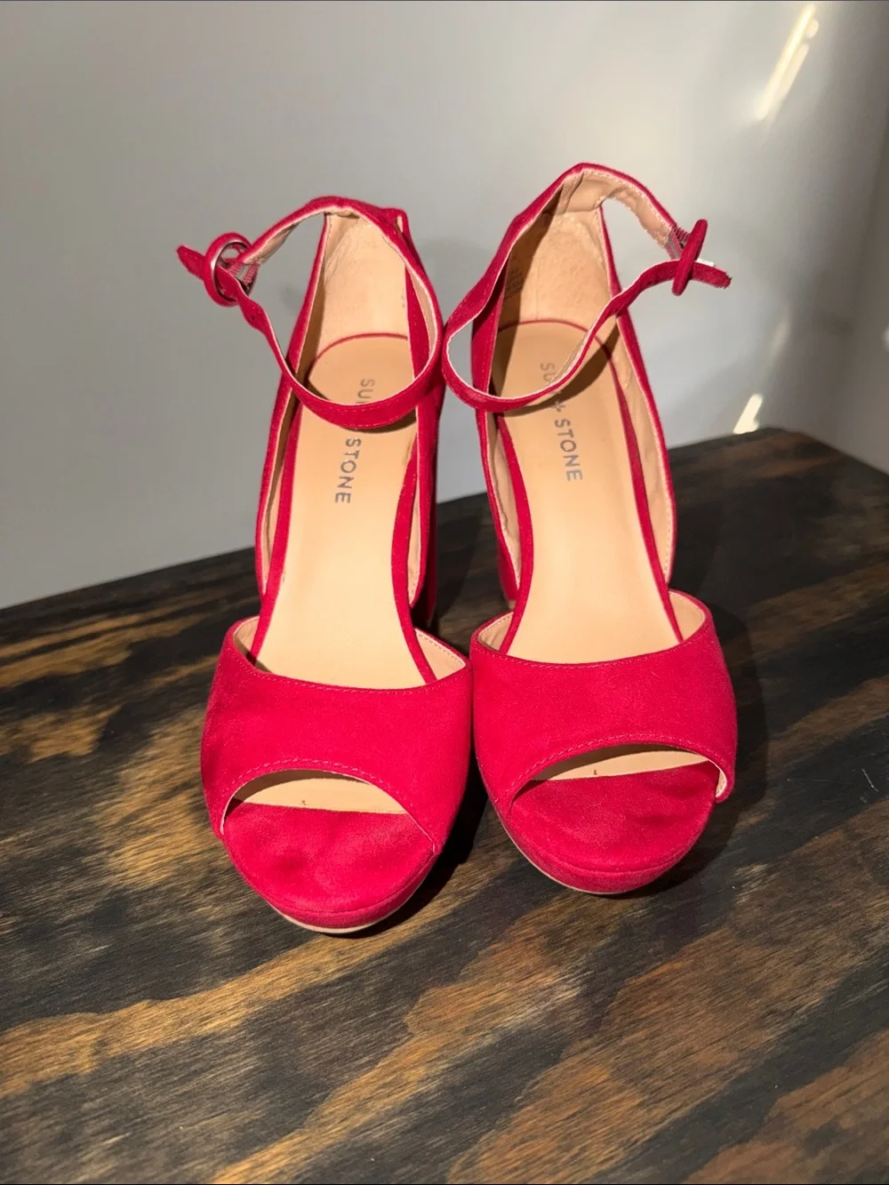 Sun + Stone Red Suede Platform Peep-Toe Heels with Ankle Strap